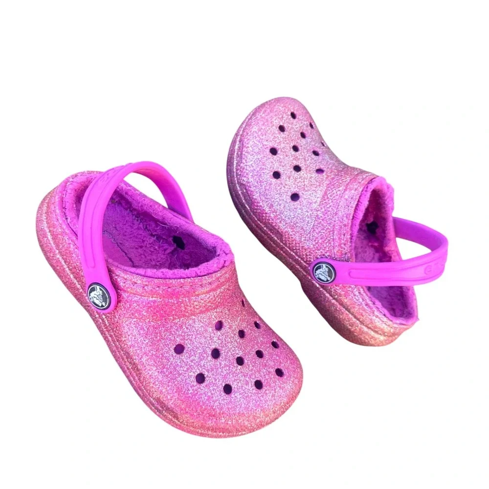 Crocs Kids Classic Lined Glitter Clogs Size 11 Pink Sparkle Sandals
